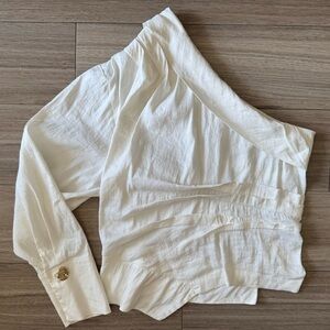 Zara White One Shoulder Asymmetrical Pleated Linen Blend Top Blouse